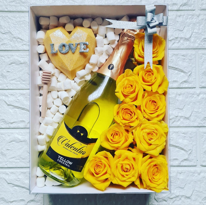 Roses, Chocolate & Bubbly Box - Yellow